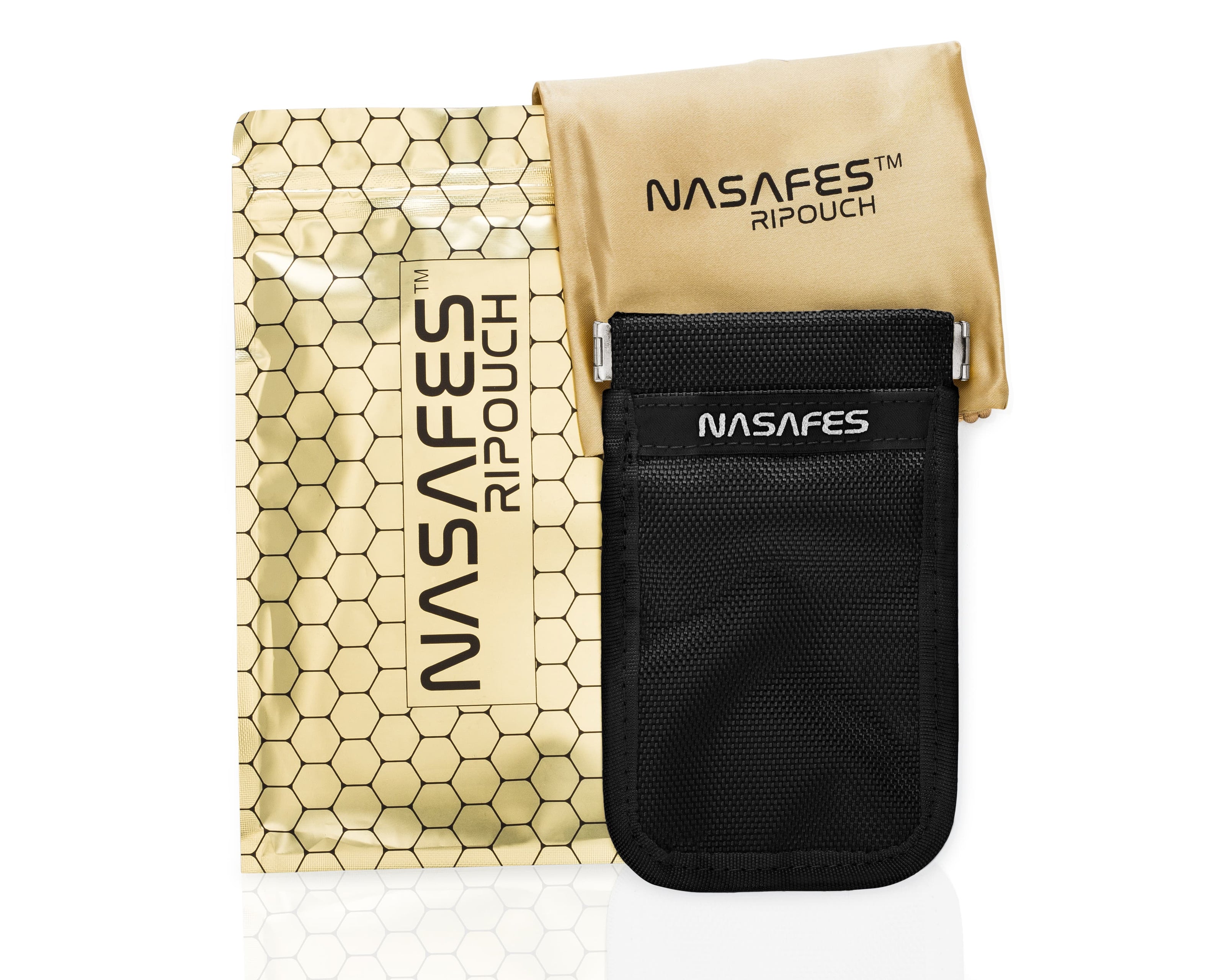 Nasafes Abschirmtasche in goldener Verpackung.