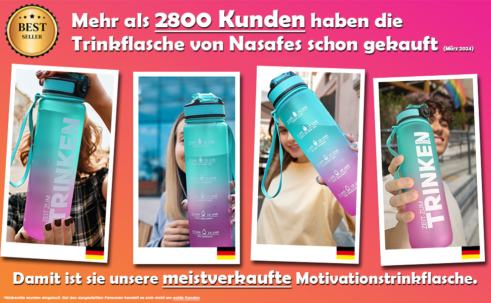 4 junge Menschen halten eine Trinkflasche Rosa in die Kamera und sind sehr glücklich darüber, diese Trinkerinnerung zu haben. Zudem ist diese Motivationstrinkflasche die meistverkaufte in ganz Deutschland. Schon 2800 Kunden haben diese Trinkflasche von Nasafes schon gekauft. 