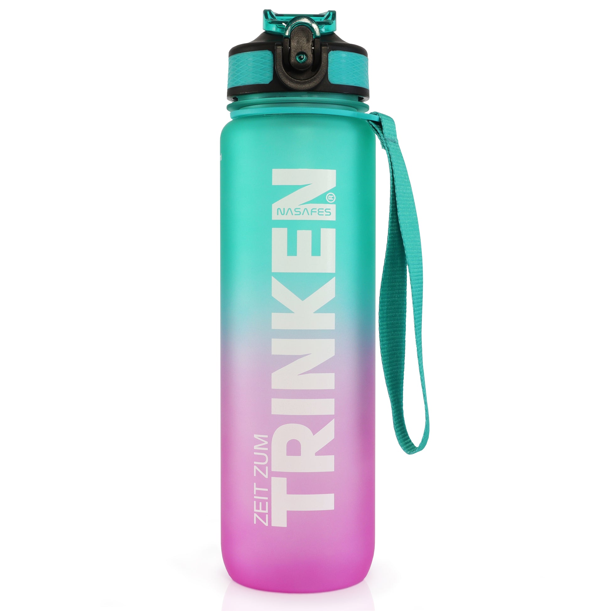 Die Trinkflasche mit Zeitmarkierung Deutsch besitzt Türkis und Rosa Farben. Es ist eine Flasche mit Trinkerinnerung auf der Rückseite. Diese Trinkflasche Motivation Deutsch motiviert zum trinken und hält den Wasserhaushalt in Balance.