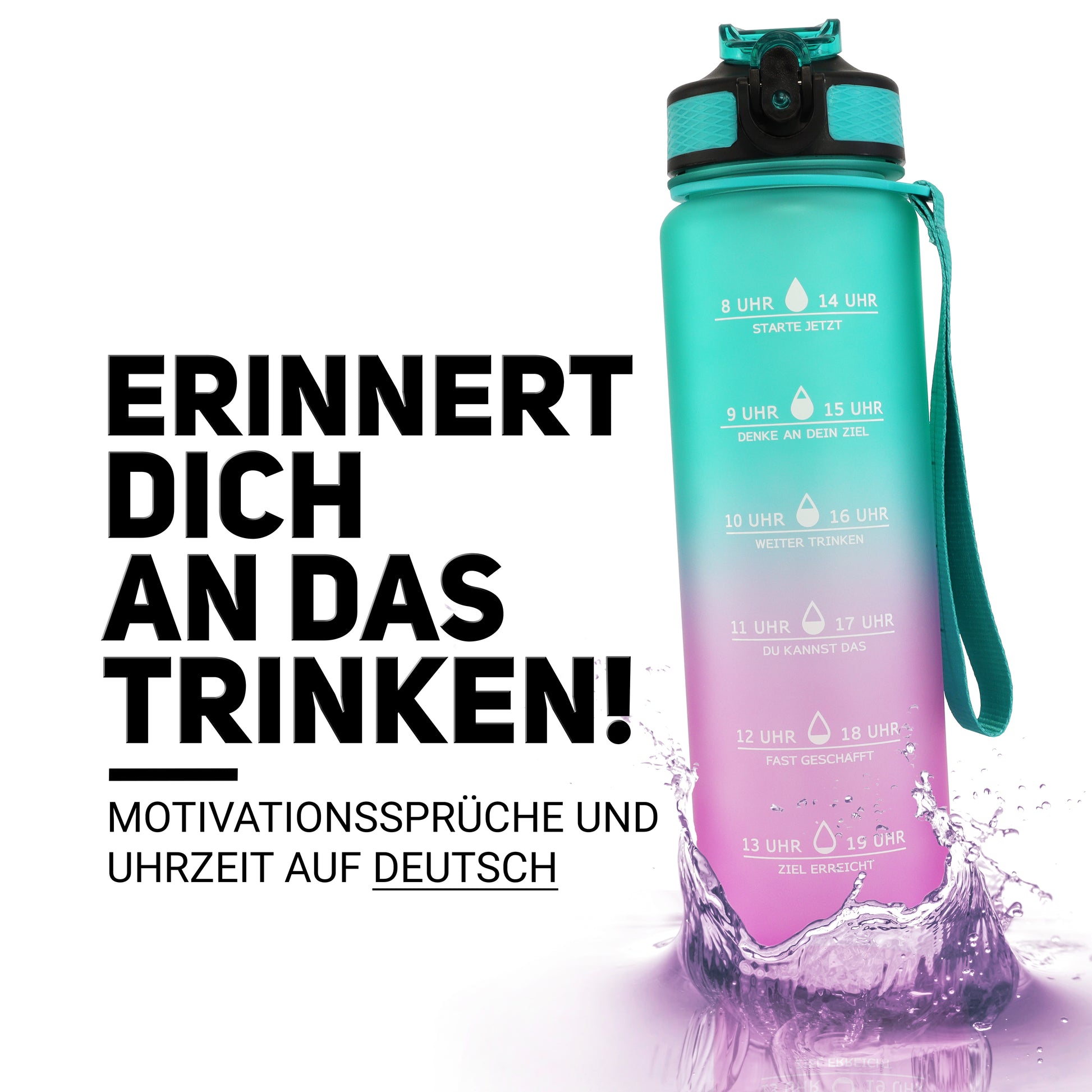 Eine rosa Trinkflasche, auf der verschiedene Zeitmarkierungen und Motivationssprüche auf Deutsch stehen. Die Flasche hat einen Tragegurt in Türkis. Der Text "ERINNERT DICH AN DAS TRINKEN! MOTIVATIONSSPRÜCHE UND UHRZEIT AUF DEUTSCH" ist in großen schwarzen Buchstaben neben der Flasche zu sehen. Diese trinkflasche mit uhrzeit deutsch hilft, die tägliche Wasseraufnahme zu überwachen und zu motivieren. Perfekt als trinkflasche trinktraining und trinkflasche erinnerungshilfe geeignet.