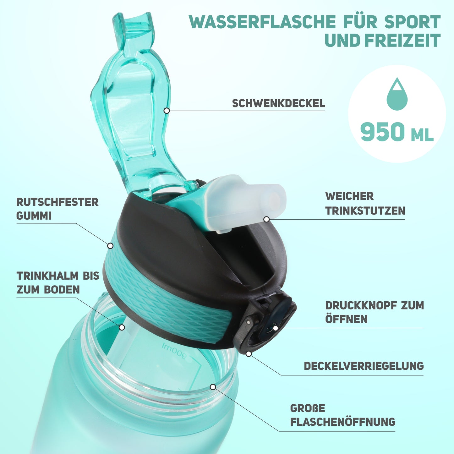 Trinkflasche mit Strohhalm besitzt einen weicher Stutzen zum trinken. Der Trinkhalm reicht bis zum Flaschenboden.