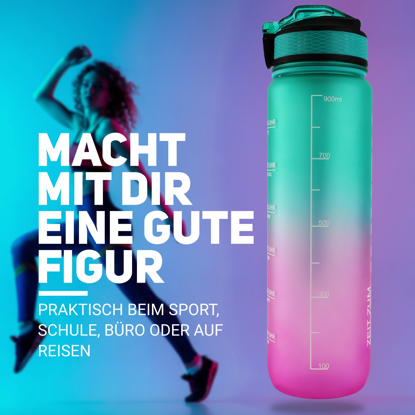 Die Trinkflasche Motivation ist nicht nur eine Trinkflasche 1 l sondern auch eine Trinkflasche Uhrzeit in deutscher Sprache. Demnach ist es eine Trinkflasche leicht in Rosa und Türkis. Sehr praktisch beim Sport, Schule, Büro oder auf Reisen.