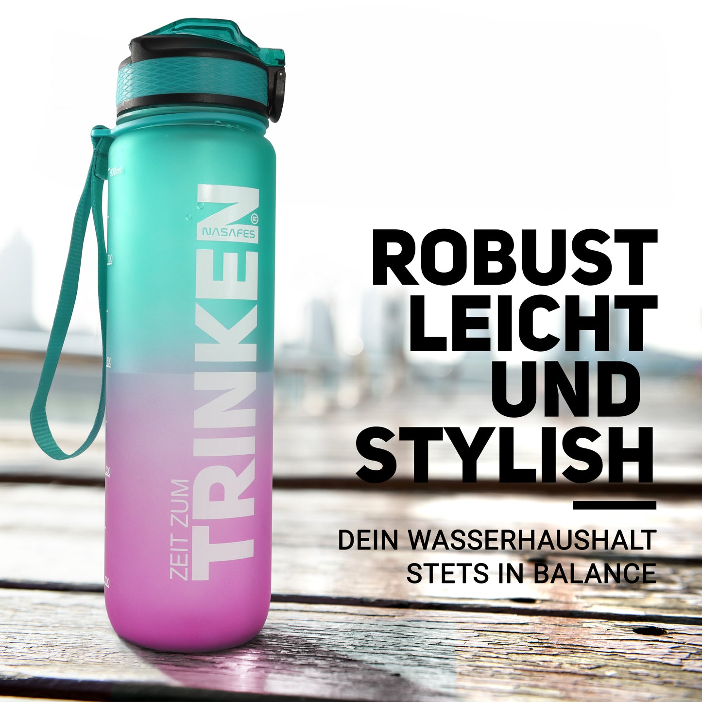 Eine Trinkflasche Erwachsene mit Trinkerinnerung auf der Rückseite. Sie ist als Sport Trinkflasche 1 Liter, als auch als Trinkflasche Kinder 1l gut geeignet.